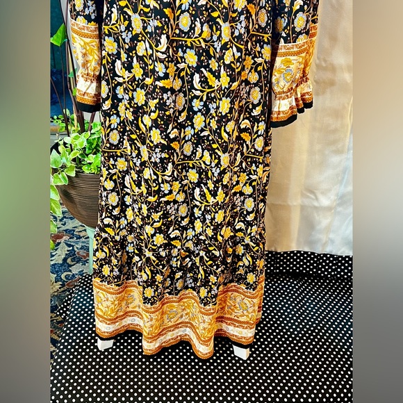 V Neck Boho Floral Print Fall Maxi Dress Yellow XL - Picture 5 of 9
